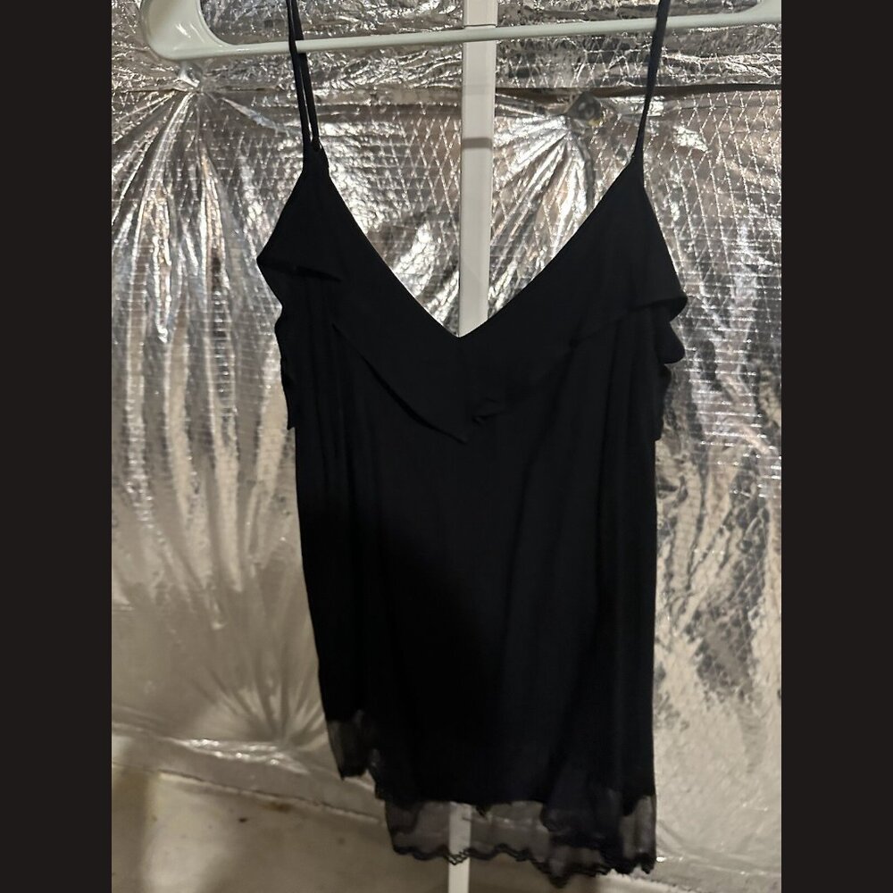 Ella Moss Black V-Neck Tank Top with Lace Bottom & Ruffled Hem, Size S